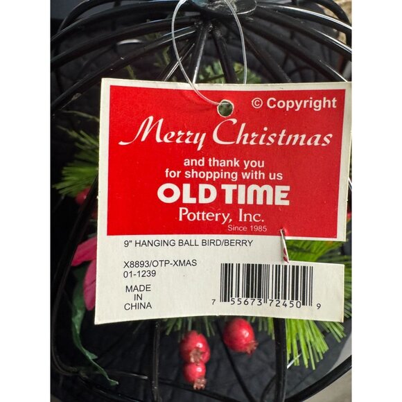 9" Hanging Ball With Artificial Pine & Berry Arrangement In Black Metal Cage Des - Picture 4 of 11